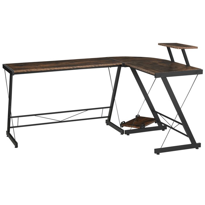 Bureau informatique design industriel bureau d'angle 2 tablettes support CPU imprimante MDF aspect vieux bois métal noir