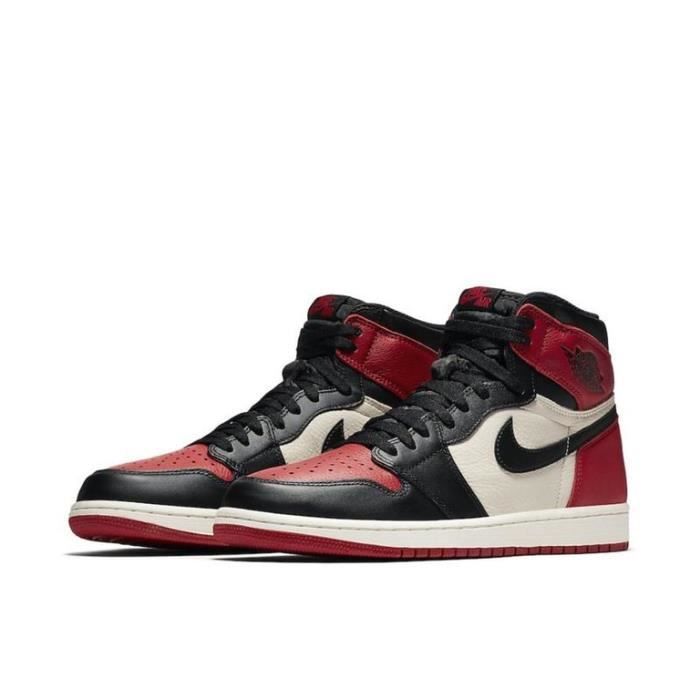 Air Jordan 1 Retro High Bred Toe Chaussures de Sport AJ 1 Pas Cher pour Homme Femme Rouge
