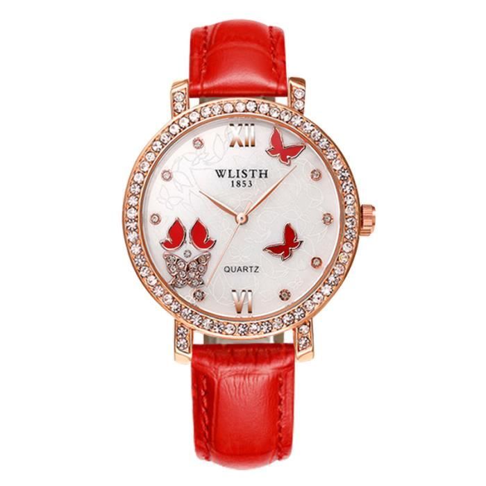SHARPHY Montre femme quartz diamant papillon bracelet en cuir étanche charme mode luxe