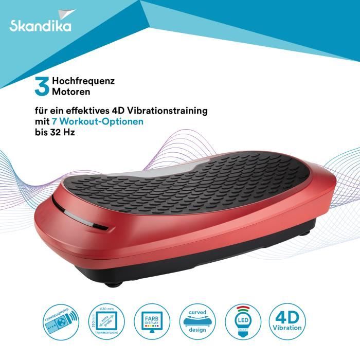 Skandika V2500 - Plateforme vibrante oscillante 4D - 3 Progr., 3 Moteurs - Jusqu'à 32 Hz, Sangles -Télécommande - Rouge
