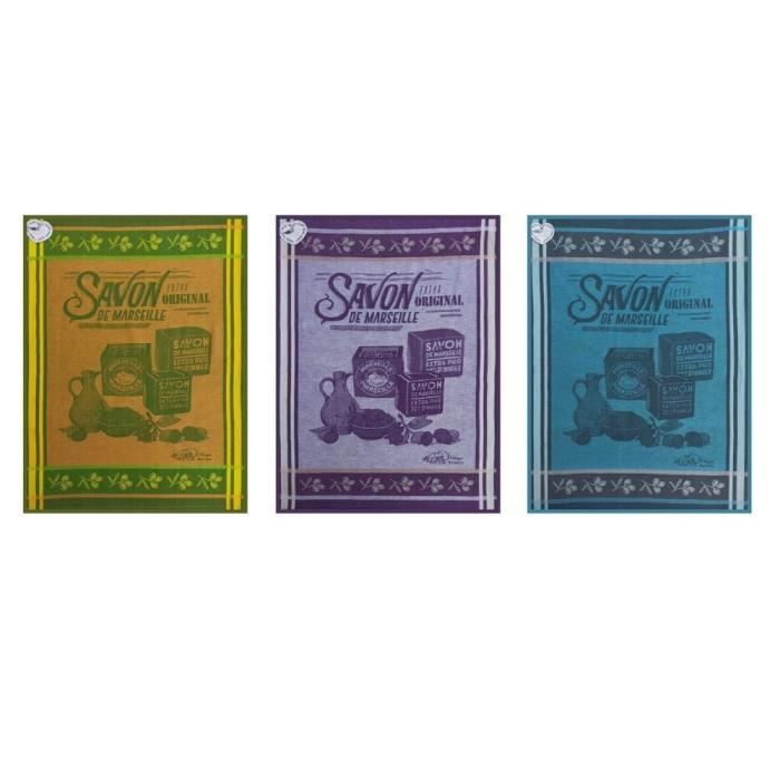 Lot de 3 Torchons Jacquard tissés 100% coton - Savon de Marseille - Multicolore - 50x70 cm - Lavable en machine
