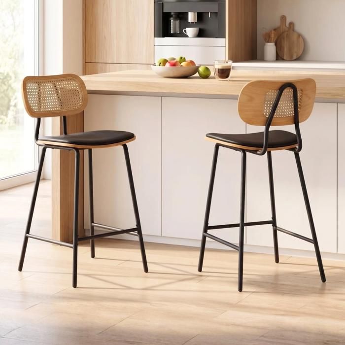 Wahson Tabourets de Bar Lot de 2 Chaise de Bar Bois et Métal avec Dossier Rotin Tabouret Haut Bar Moderne et Vintage Cuir PU Noir