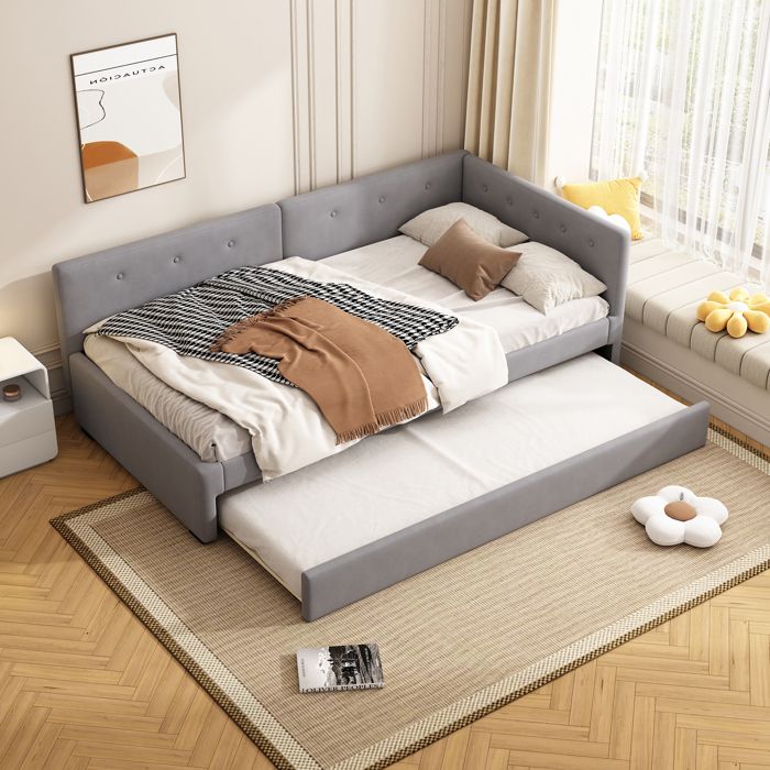 Lit double rembourré - Velours - 90x200 cm - Gris - Sommier à lattes - Lit gigogne Lit double rembourré - Velours - 90x200 cm - Gris - Sommier à lattes - Lit gigogne