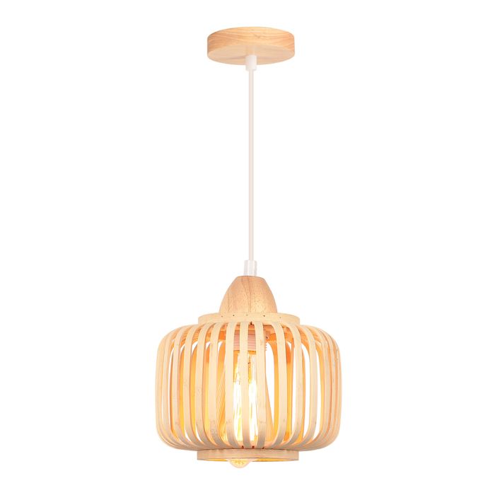SNOGOLD Suspension Luminaire Rétro E27 Lustre Industriel en Bois et Bambou Design Cage 18cm Éclairage Moderne pour Chambre Salon