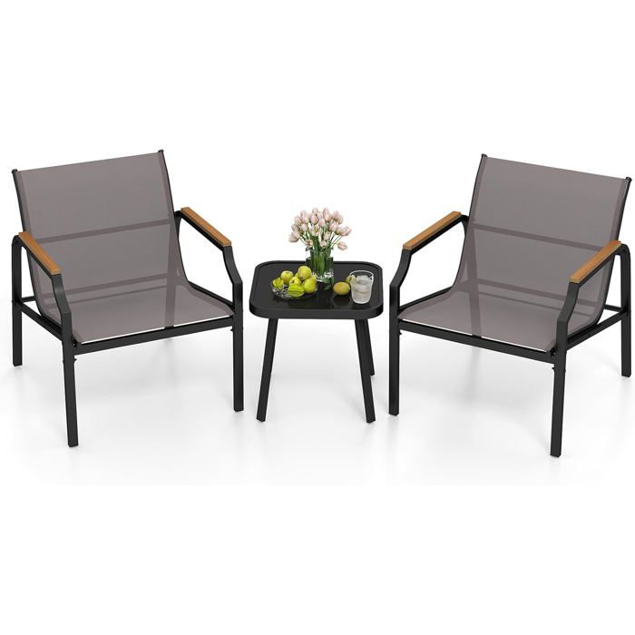 COSTWAY Ensemble de Chaises et Table avec Cadre Métallique Siège en Tissu Respirant Accoudoirs Ensemble Mobilier de Bistro COSTWAY Ensemble de Chaises et Table avec Cadre Métallique Siège en Tissu Respirant Accoudoirs Ensemble Mobilier de Bistro