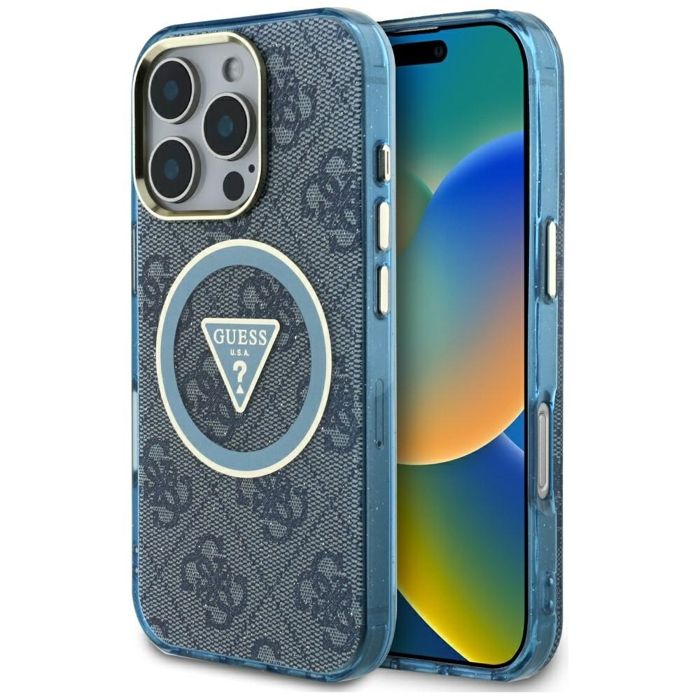 Guess Étui IML Metal Glitter 4G Circle Triangle MagSafe pour iPhone 16 Pro Max Bleu - vue 4