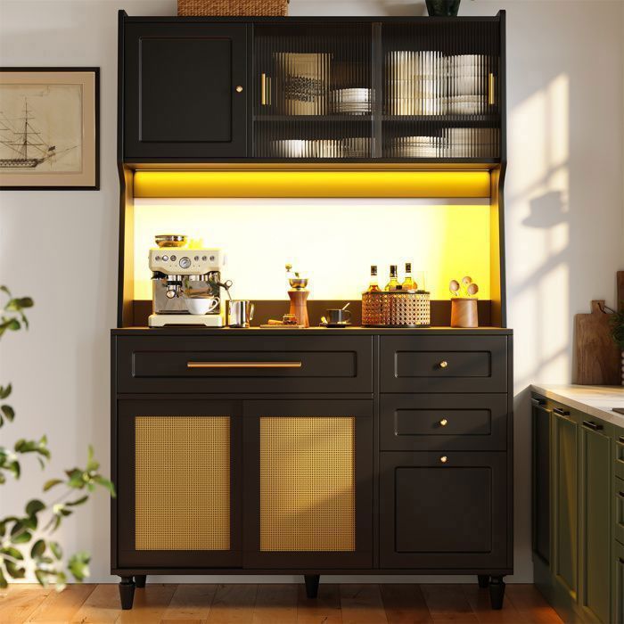 Buffet de Cuisine avec éclairage LED Armoire Haute Vitrine avec 3 Tiroirs Porte Rotin PE 120x45x195.5 cm Noir