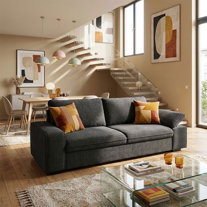 ALYA Canapé droit reversible convertible light black (tissu lisse) - Taille S - 3 places - 254 x 91 x 83