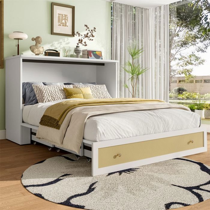 DRIPEX Lit escamotable mobile 140x200cm avec tiroirs design rotin et étagère lit plateforme convertible avec port USB Blanc
