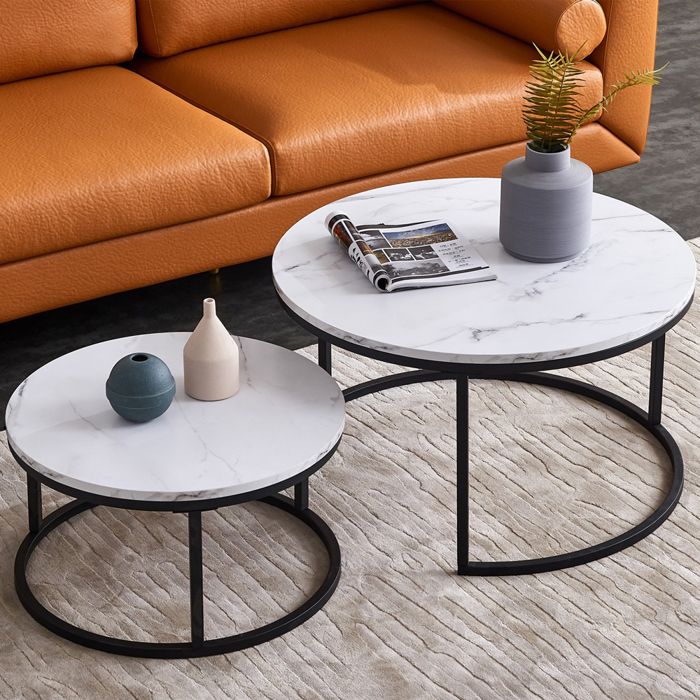 Lot de 2 Tables Basses Rondes Marbrées avec Cadre en Métal - Table dappoint Moderne pour Salon Chambre à CoucherNoir+Blanc