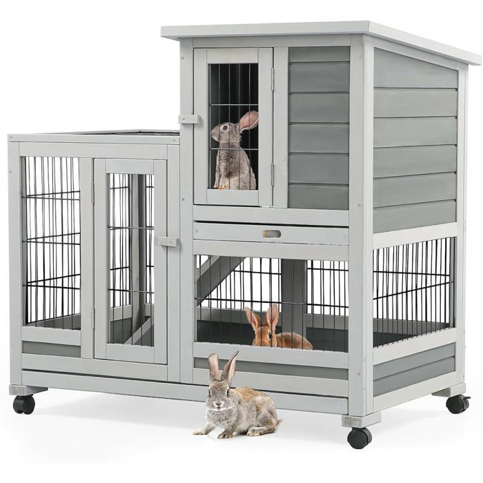 Meilleurs prix pour YODOLLA Clapier - 2 étages - sur roulettes - 3 portes verrouillables - 2 plateaux amovibles - 94 x 62 x 92 cm - Gris