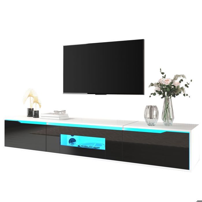 Meuble TV - SOGEU - Meuble TV rectangle 180x35x30 cm - Laqué blanc/noir - LED 16 couleurs 4 modes - Portes cannelées 3 tiroirs