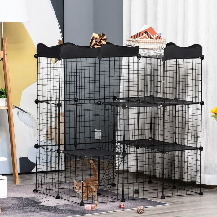 Comparer les prix de Lot de 2 cages parc enclos pour petits animaux chats visons modulable 3 niveaux 2 portes rampe fil métallique noir