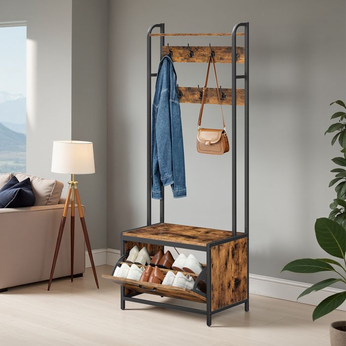 Portemanteau - Industriel - Marron et Noir - Armoire à Chaussures - Banc - 7 Crochets