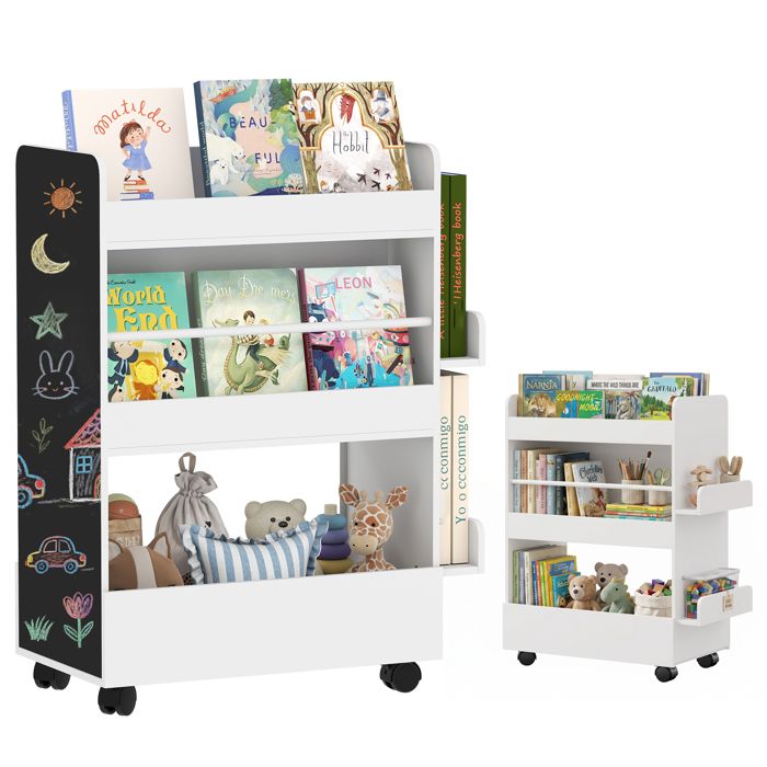 Bibliothèque pour enfant - AIYAPLAY - roulettes - tableau noir - pour enfant de 3 à 8 ans - MDF - 665x325x865cm blanc
