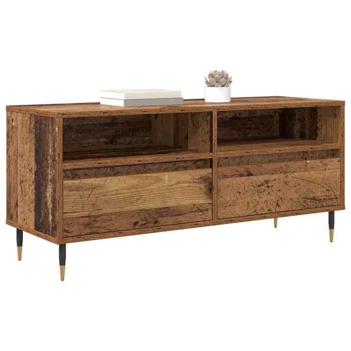 Meuble TV moderne - vidaXL - Tiroir intégré - Bois ancien - 34 5x100x44 5 cm - Étagère incluse - Pieds en fer