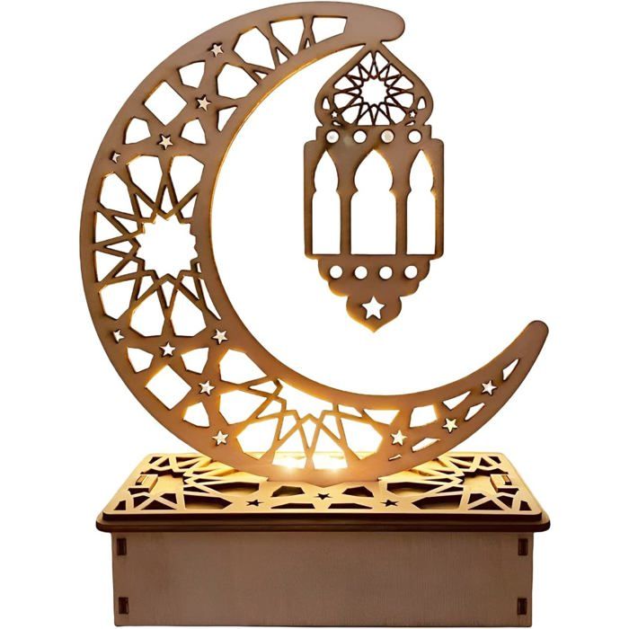 Lampe de table Ramadan - MICH - Veilleuse LED - Lanterne Étoile de Lune - Bois - Décoration intérieure