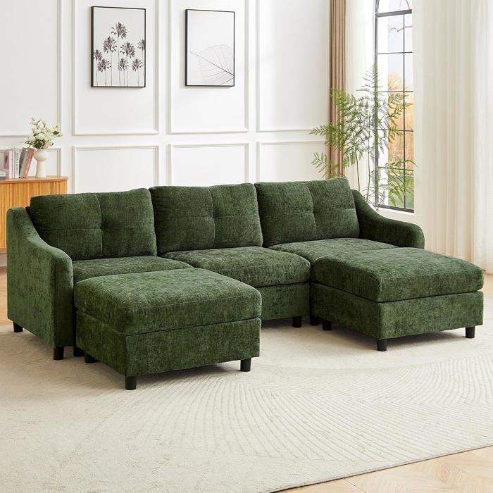 JIEXI Canapé dangle convertible Canapé en velours côtelé canapé-lit 251 cm (Vert foncé 3 sièges + 2 tabouret)