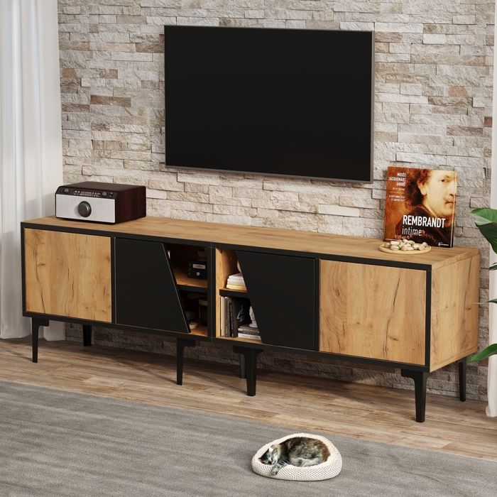 Meuble TV avec Porte et Compartiment Ouvert Meuble TV pour téléviseurs Jusqu'à 80 Pouces Lowboard pour Salon Salle à Manger Meubles TV Table Board Couleur Bois