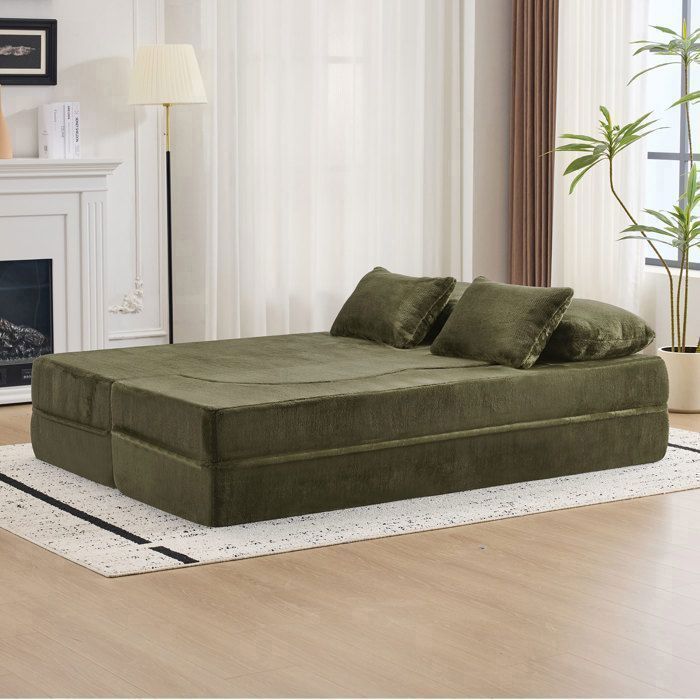 Canapé Compressé Design Réversible 2 Pl Sans montage en Peluche Vert - Canapé-lit Couple en Mousse HR Confortable avec Coussins