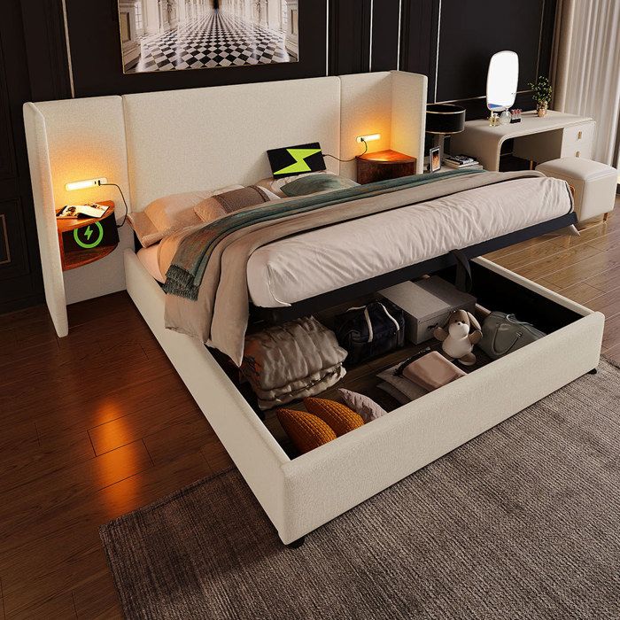 Lit coffre rembourré 180x200 cm avec dossier long table de chevet lampe de lecture USB Type-C hydraulique rangement lin beige