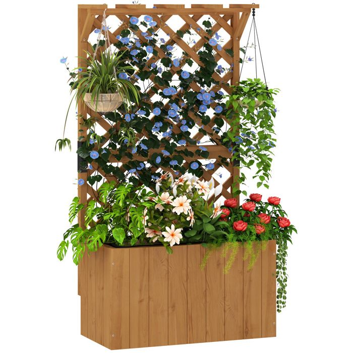 Jardinière avec treillis - Outsunny - trous de drainage et doublure - bois massif - 64 x 33 x 122 cm - bois naturel