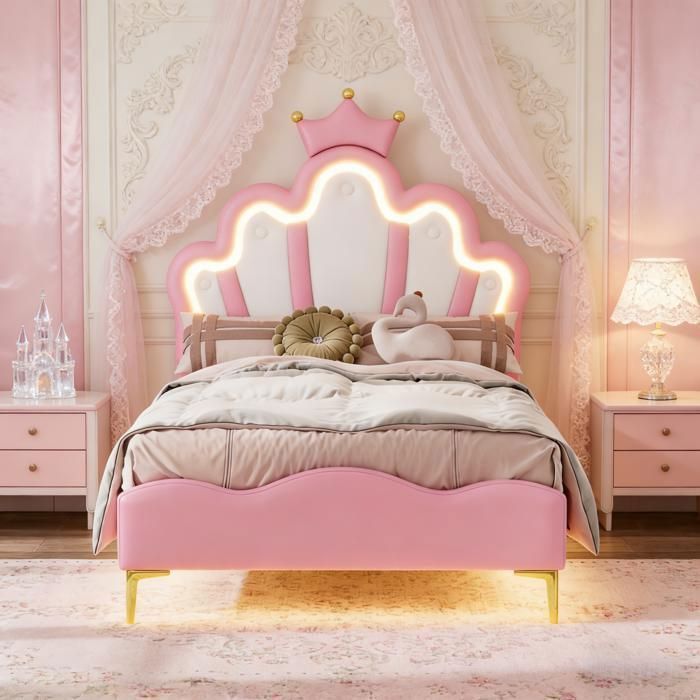 Lit Enfant 90x200 cm avec Sommier et LED Lit Fille 90x200 avec Tête de Lit Réglable en Hauteur Lit Princesse Lit Simple PU Rose