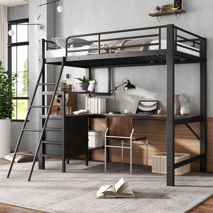 Lit superposé 90 x 200 cm avec 3 tiroirs bureau et échelle — noir / noyer foncé 204×150×180 cm sans matelas