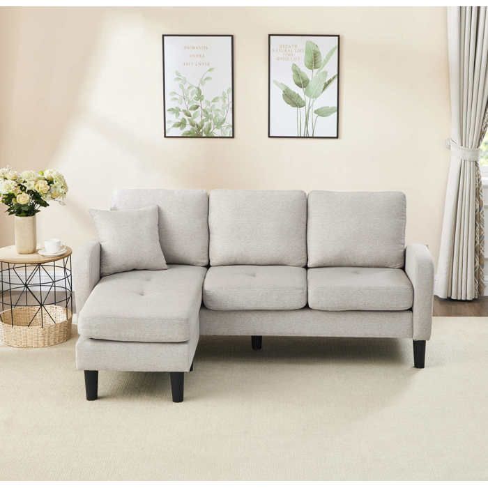 Canapé d’angle modulable 3 places beige L 166 x P 118 x H 77 cm méridienne réversible tissu coton-lin