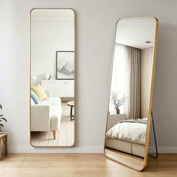 Wevalley Miroir sur Pied Pleine Longueur 140x35cm - Inclinable Verre Trempé Anti-éclat Moderne pour Chambre Dressing - Doré