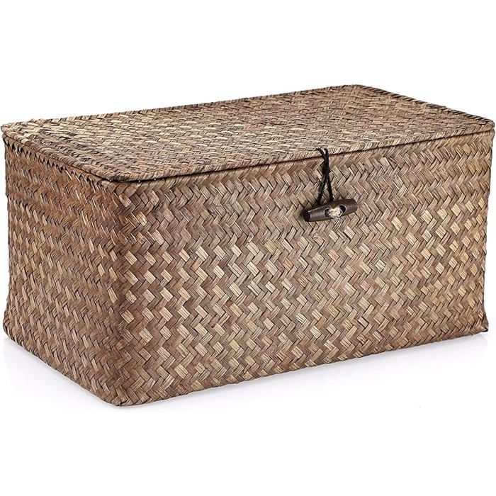 Panier de rangement rectangulaire en jonc de mer tissé avec couvercle pour salle de bain étagères et Café 31X18X15 DECORS DE TABLE