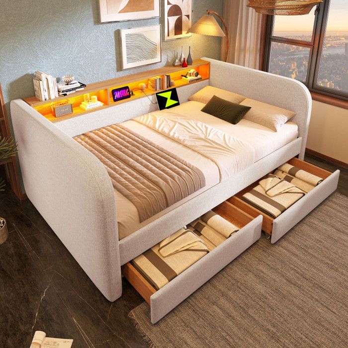Lit 140x190 cm avec 2 tiroirscanapé-lit avec LED et USB-C lit coffre avec tête de lit de rangementlinbeige(sans matelas)
