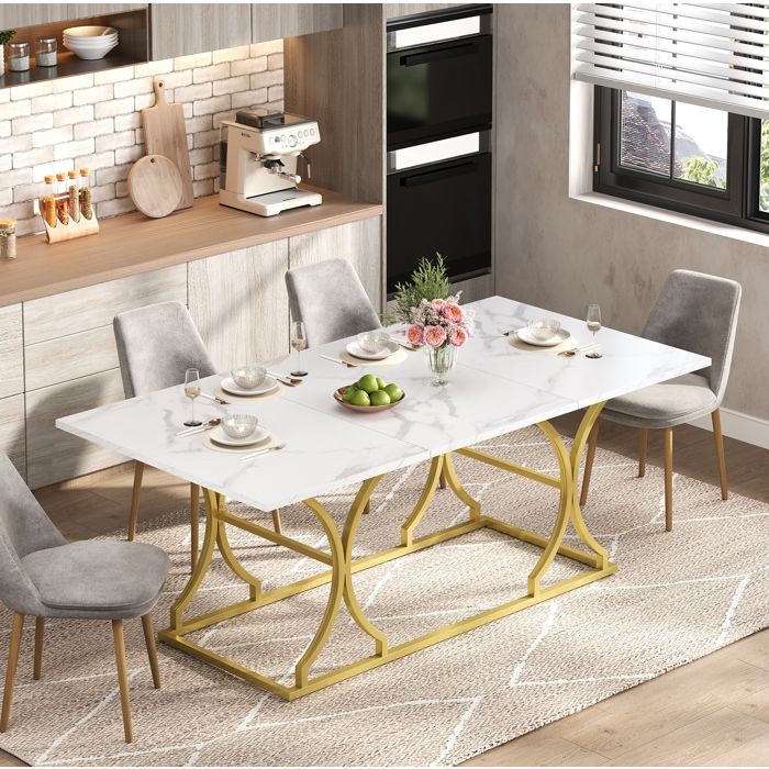HOMVRA Table de Salle à Manger 8-10 Personnes 200x80x76 cm Design Placage de Marbre et Pieds en Métal Doré Blanc
