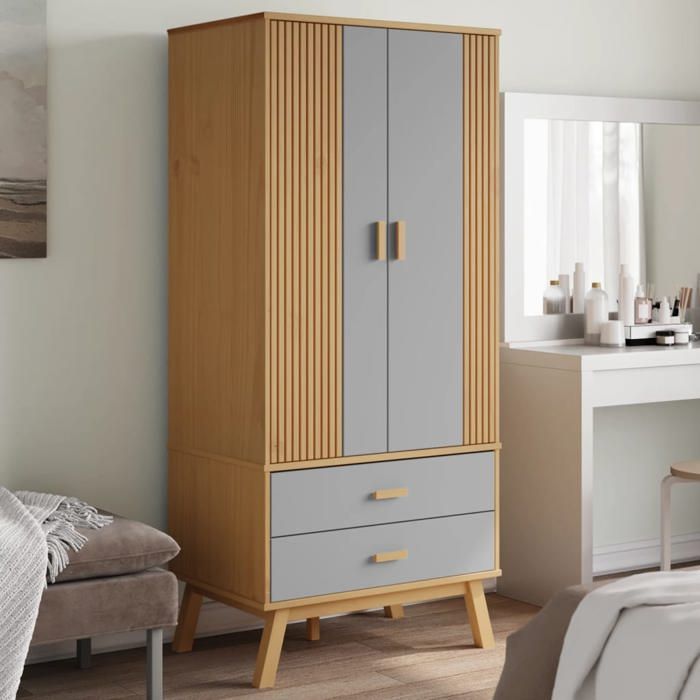 Armoire de rangement Gris - Garde-robe - OLDEN gris et marron 765x53x172 cm bois massif pin A15693