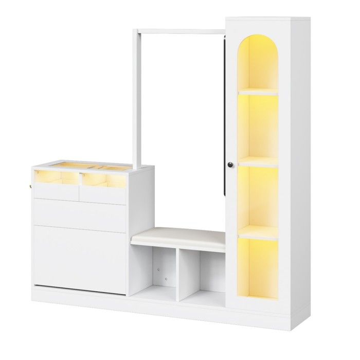 Meuble Entrée 6en1 LED-Garde-robe Coiffeuse Banc-Verre Éclairage Coloré-Design Fonctionnel Moderne-Pour Hall dEntrée Compact