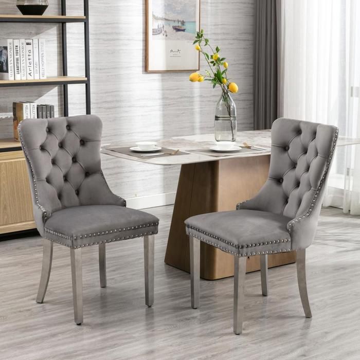 Chaise de salle à manger - KOMHTOM - Capitonné - Velours gris - Pieds chromés - Lot de 2 Chaise de salle à manger - KOMHTOM - Capitonné - Velours gris - Pieds chromés - Lot de 2
