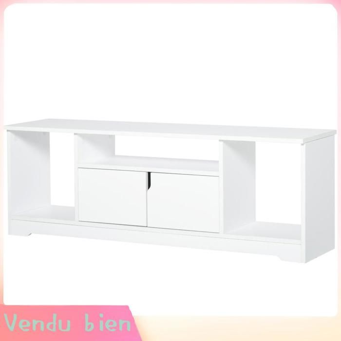 LIA Meuble TV banc 3 niches placard double porte blanc 120x30x41cm