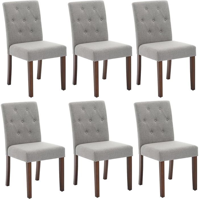 Lot de 6 Chaises de Salle à Manger avec boutons Tissu en Lin Doux Pieds en Bois Robustes Chaises dAppoint Confortables Gris