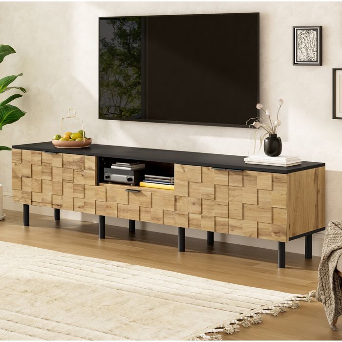 Meuble TV mosaïque – 2 portes 1 tiroir niche ouverte effet bois pieds métal naturel et noir