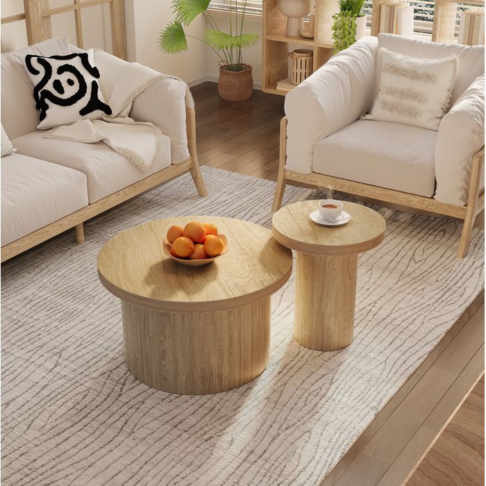 Table Basse Salon VIVRYN lot de 2 tables rondes emboîtables effet bois naturel MDF 66 x 40 cm
