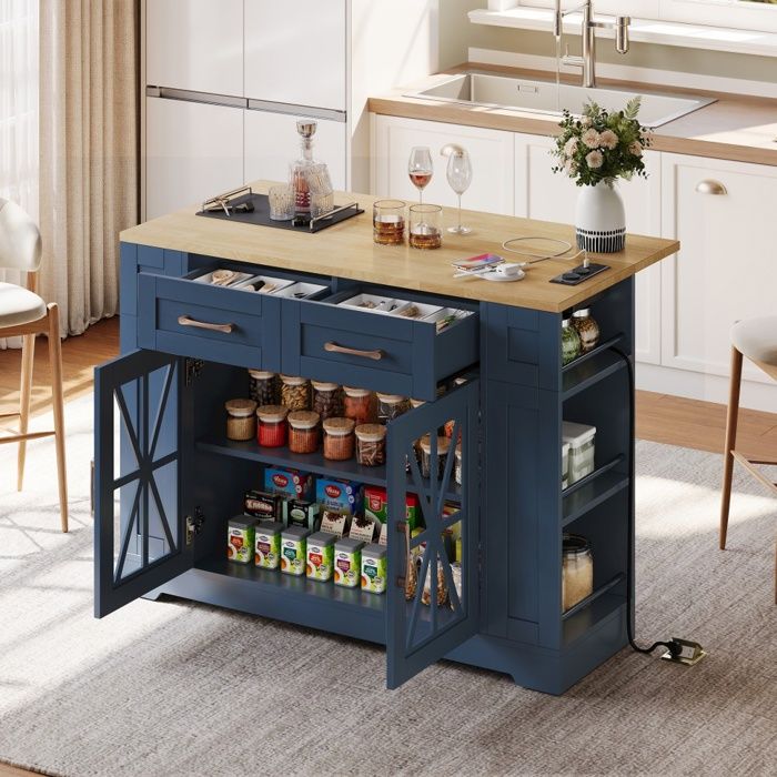 Îlot de Cuisine Mobile 120 x 40(65) x 92 cm - Plan de Travail Pliant - Prises USB Intégrées - Portes en Verre & 6 Étagères - Bleu