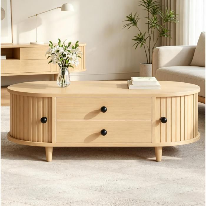 Table basse ovale en bois clair MDF 2 tiroirs portes coulissantes pieds en bois massif 100 x 50 x 36 cm