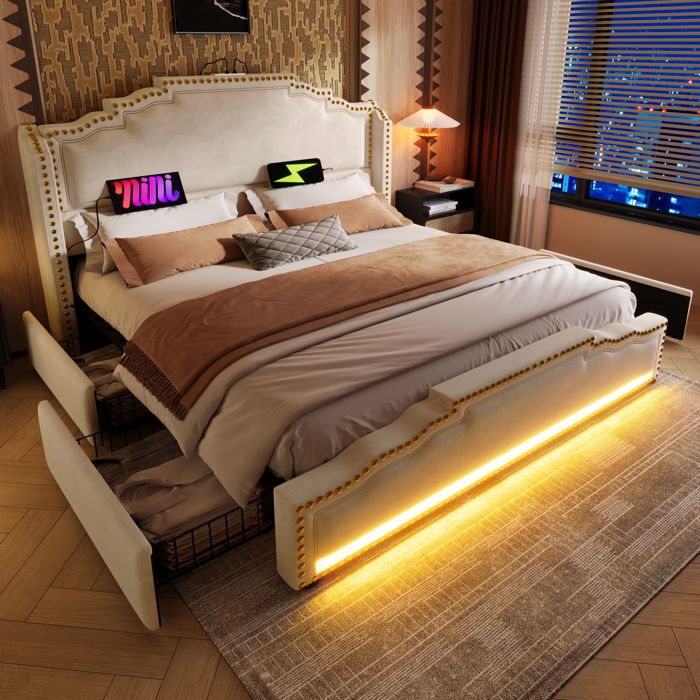 HOMVRA Lit double 180x200 cm en velours beige avec 4 tiroirs LED USB-C et sommier à lattes