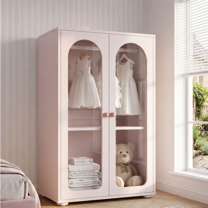 Armoire 2 portes enfant avec barre de penderie portes acryliques transparentes laquée rose bébé 80 x 50 x 120 cm Grjofek
