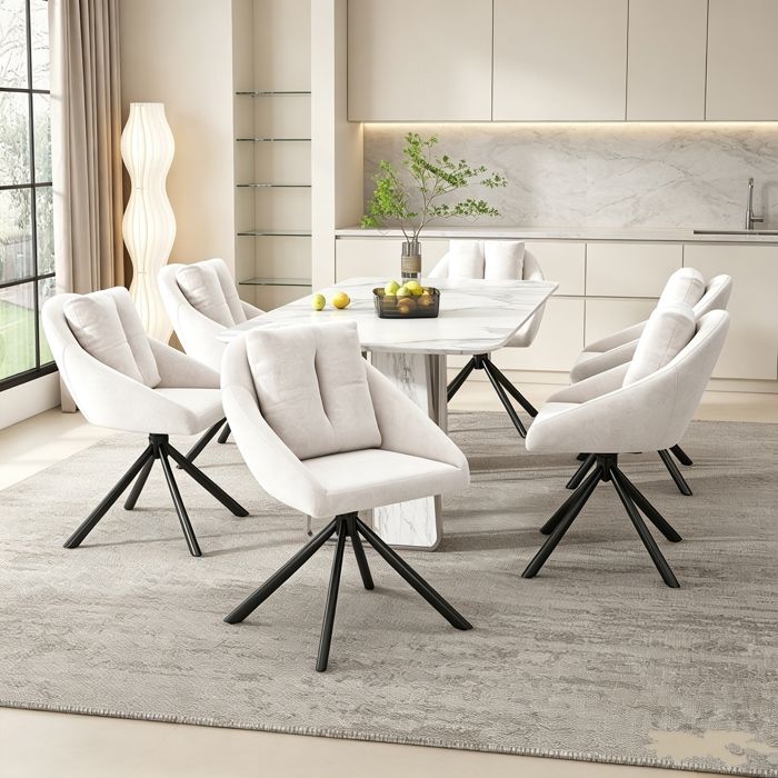 Lot de 6 Chaises de Salle à Manger Pivotantes Chaises avec Accoudoirs Tissu en Velours Piètement Métal Chaise pivotante Beige