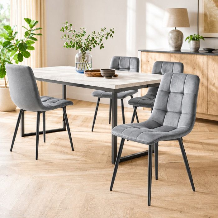 Lot de 4 chaises salle à manger 86x46x44 velours gris chaise cuisine rembourrée capitonnée pieds métal noir chaise salon moderne