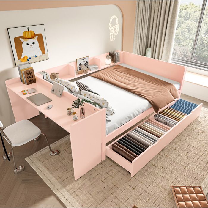 Lit combiné 2 places 140×200 cm avec bureau intégré 2 tiroirs et étagères - ELVMI - sans matelas pin - rose
