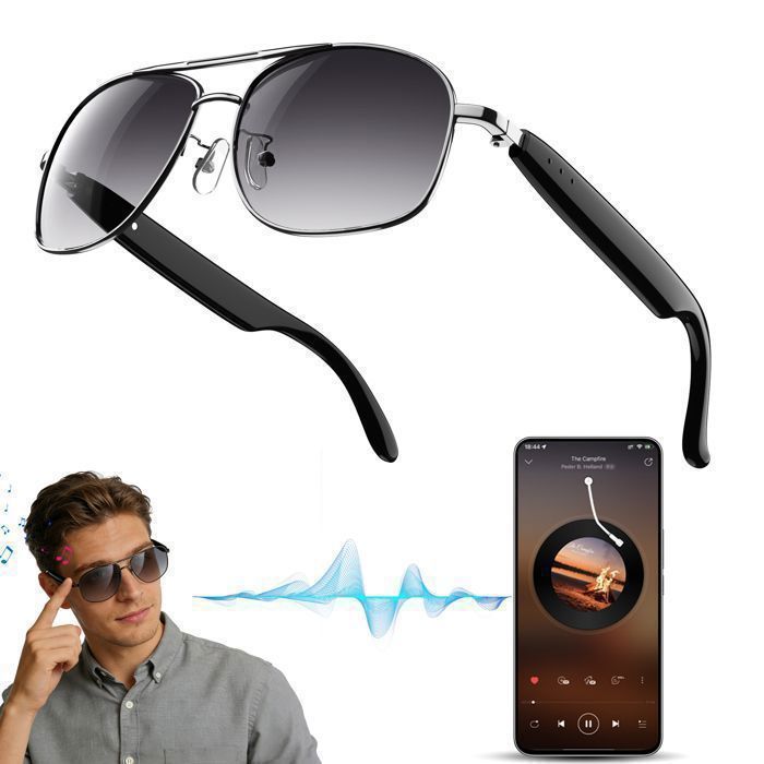 FeipuQu Lunettes Connectées Micro Antibruit Appel Bluetooth Assistant Vocal UV400 Anti-lumière Bleue Audio HD IP54 iOS Android Noir