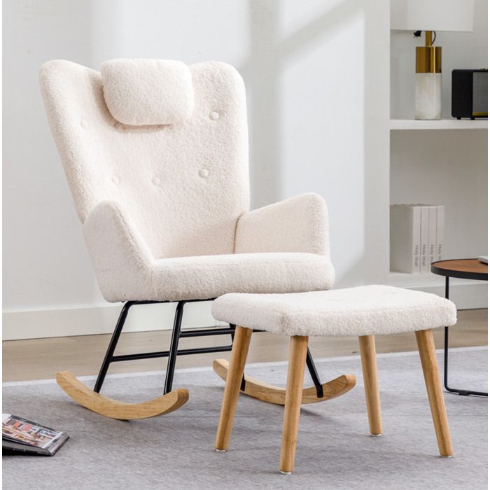 MEUBLIV Fauteuil à bascule blanc en peluche teddy avec repose-pieds têtière intégrée 65 x 82 x 94 cm