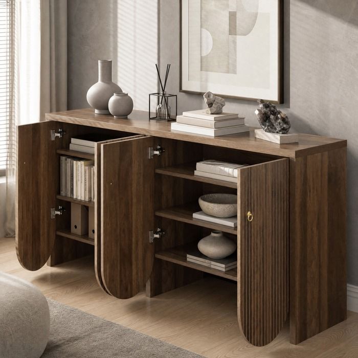 VEVXYN buffet bahut rangement 147 x 40 x 80 cm en MDF aspect noyer 4 portes etageres reglables meuble salon salle a manger